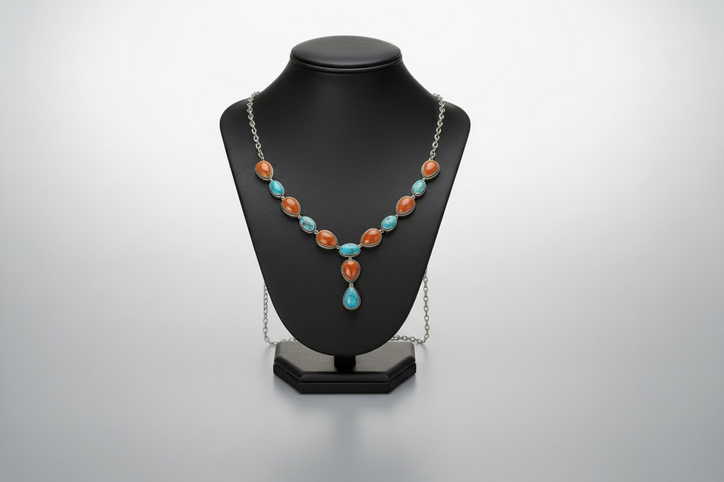 Orange Spiny and Turquoise Tear Drop Necklace