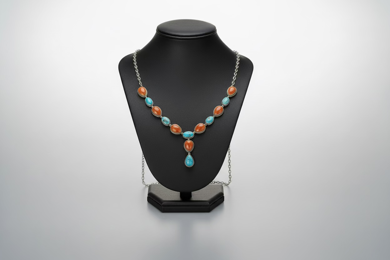 Orange Spiny and Turquoise Tear Drop Necklace