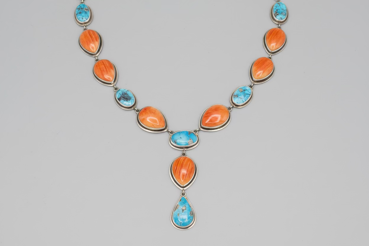 Orange Spiny and Turquoise Tear Drop Necklace