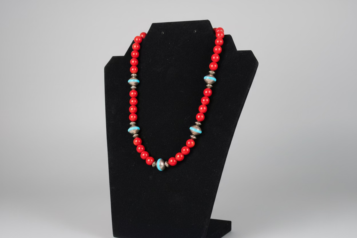 Coral with Pearl Saucers and Turquoise Inlay Necklace