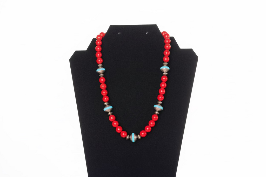 Coral with Pearl Saucers and Turquoise Inlay Necklace