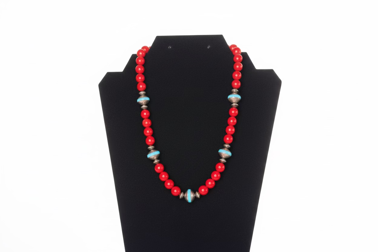 Coral with Pearl Saucers and Turquoise Inlay Necklace