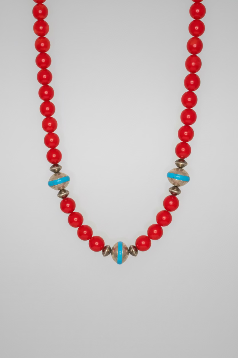 Coral with Pearl Saucers and Turquoise Inlay Necklace
