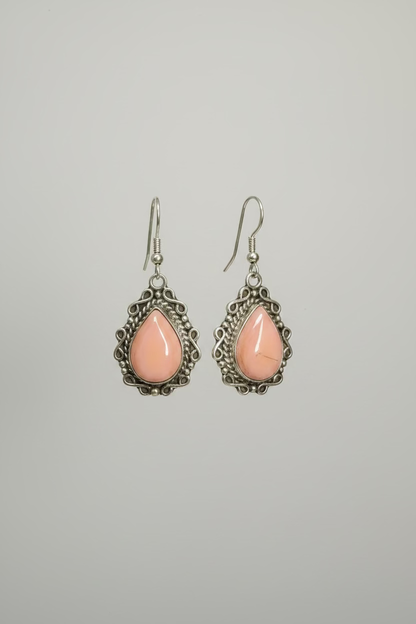 Pink Conch Tear Drop Curl Border Earrings