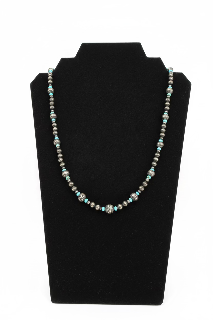 Turquoise and stamped Pearl Necklace