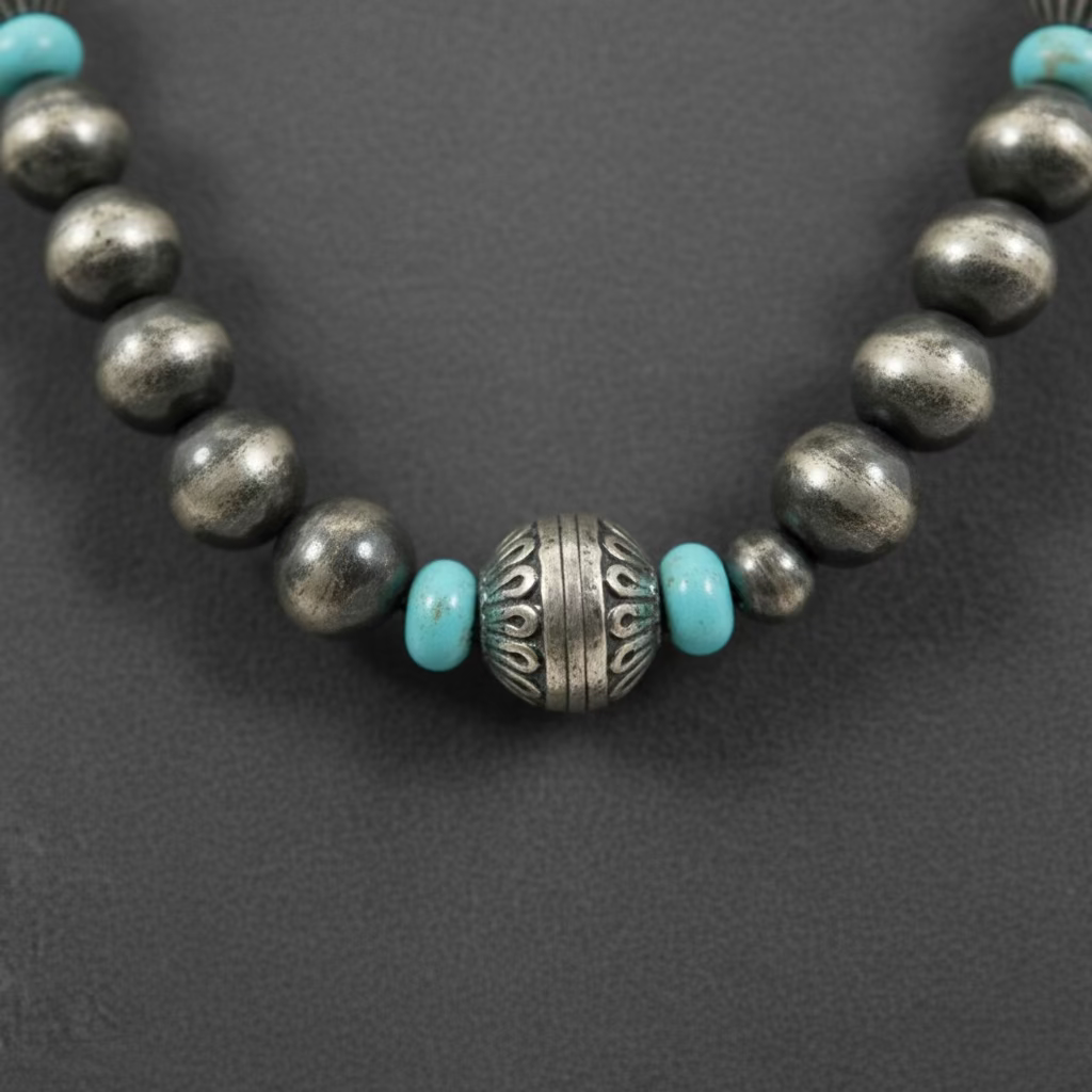 Turquoise and stamped Pearl Necklace