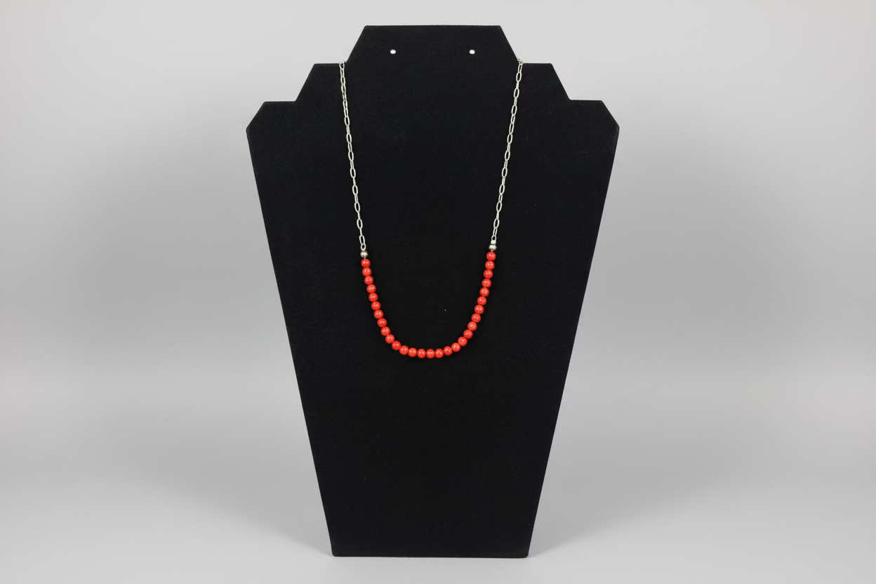 Red Coral Beads on Chain Necklace