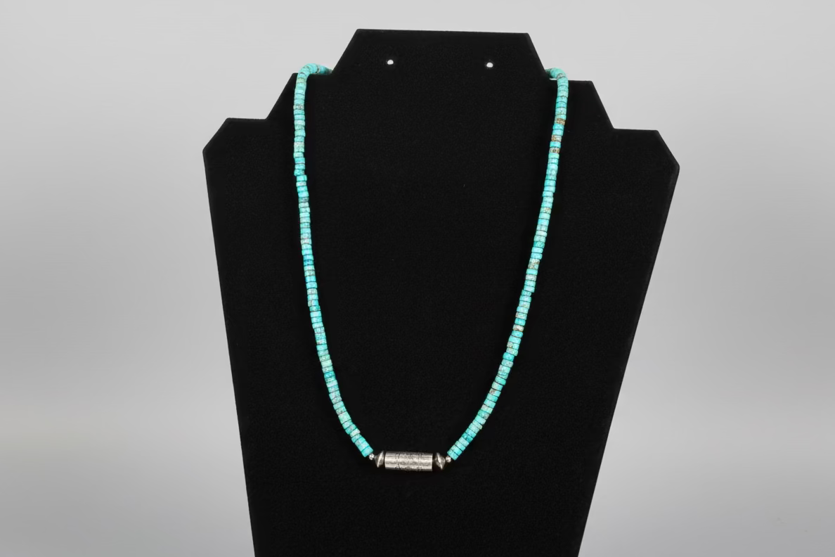 Turquoise Necklace with Barrel Bead and Saucer