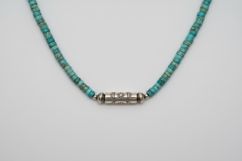 Turquoise Necklace with Barrel Bead and Saucer