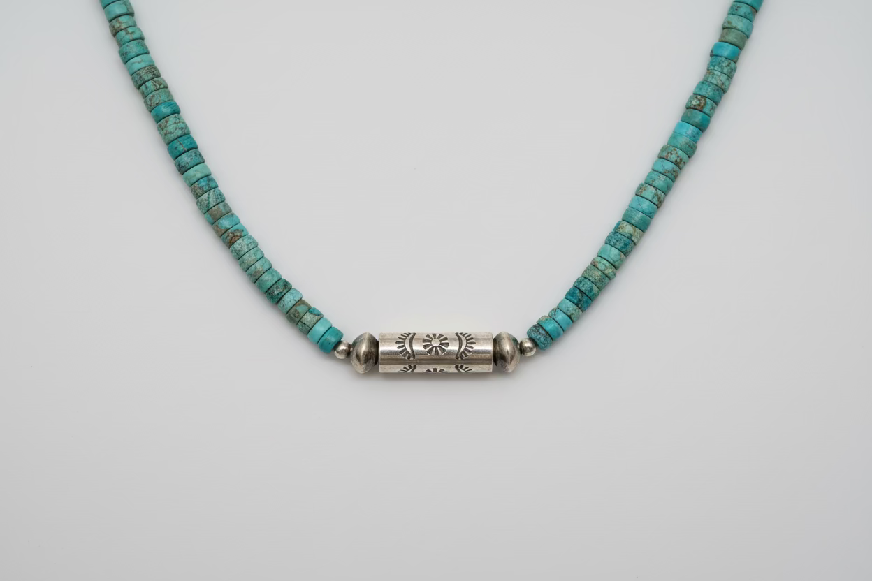 Turquoise Necklace with Barrel Bead and Saucer