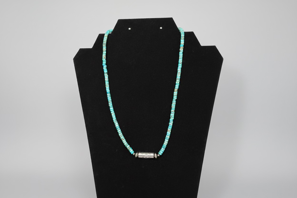 Turquoise Necklace with Barrel Bead and Saucer